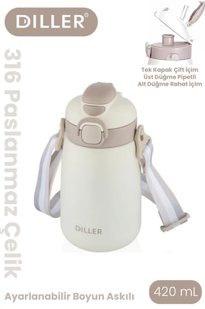 DILLER 420 ML Pipetli/Pipetsiz Tek Kapak Çift Kullanım Askılı Çelik Termos Su Matarası 6 saat sıcak/soğuk