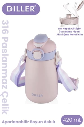 DILLER 420 ML Pipetli/Pipetsiz Tek Kapak Çift Kullanım Askılı Çelik Termos Su Matarası 6 saat sıcak/soğuk