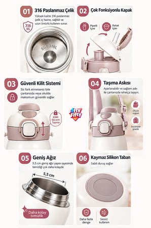 DILLER 420 ML Pipetli/Pipetsiz Tek Kapak Çift Kullanım Askılı Çelik Termos Su Matarası 6 saat sıcak/soğuk