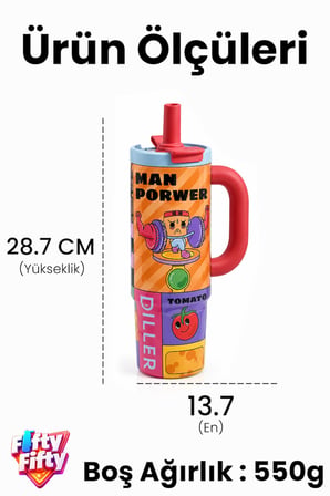 DILLER Tumbler 950 ML Tek Kapak Çift Kullanım Pipetli Rahat İçim Kulplu Paslanmaz Çelik Termos F9512