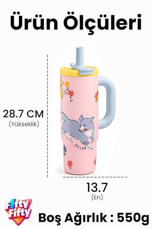 DILLER Tumbler 950 ML Tek Kapak Çift Kullanım Pipetli Rahat İçim Kulplu Paslanmaz Çelik Termos F9512