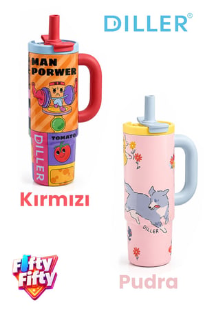DILLER Tumbler 950 ML Tek Kapak Çift Kullanım Pipetli Rahat İçim Kulplu Paslanmaz Çelik Termos F9512