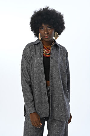 KADIN PUL İŞLEMELİ OVERSİZE KESİM GÖMLEK