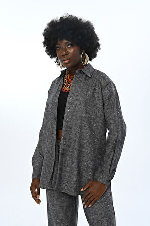 KADIN PUL İŞLEMELİ OVERSİZE KESİM GÖMLEK