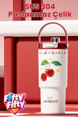 DILLER Tumbler 880 ML Tek Kapak Çift Kullanım Pipetli/Pipetsiz Taşıma Kulplu Çelik Termos-FFD9505-880ml
