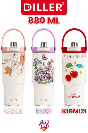 DILLER Tumbler 880 ML Tek Kapak Çift Kullanım Pipetli/Pipetsiz Taşıma Kulplu Çelik Termos-FFD9505-880ml