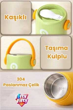820 ML Sızdırmaz 2 Kaseli 304 Paslanmaz Çelik Lunch Box Yeni Nesil Sefer Tası Kaşıklı Askılı -1267820