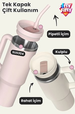 Tumbler Quencher Cup 1200 ML Pipetli Rahat İçim Kulplu SUS304 Paslanmaz Çelik 1.2L Termos 1103-1200ML