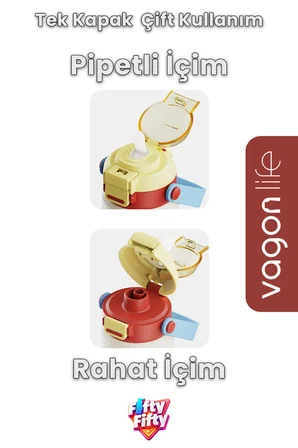 360 ML Çocuk Termosu Tek Kapak Çift Kullanım Pipetli Rahat İçim Kulplu Paslanmaz Çelik Termos 1104-360ML