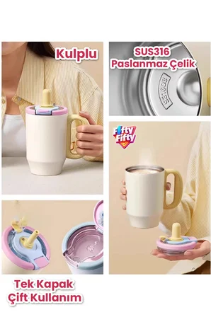 680 ML Tek Kapak Çift Kullanım Pipetli Rahat İçim Kulplu Paslanmaz Çelik Termos Mug FFVGN1113-680ML