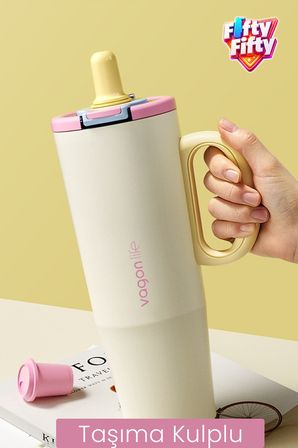 Tumbler 1200 ML Tek Kapak Çift Kullanım Pipetli Rahat İçim Kulplu Paslanmaz Çelik TermosFFVGN1114-1200ML