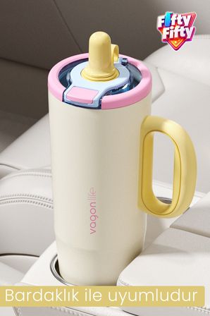 Tumbler 1200 ML Tek Kapak Çift Kullanım Pipetli Rahat İçim Kulplu Paslanmaz Çelik TermosFFVGN1114-1200ML