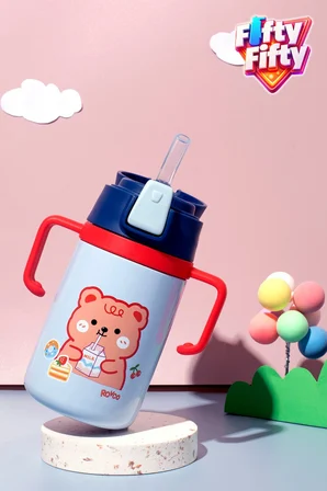 400 ML 316L Paslanmaz Çelik Pipetli Çocuk Termosu Taşıma Kulplu Askılı Çift Duvar -FFR400ML4011