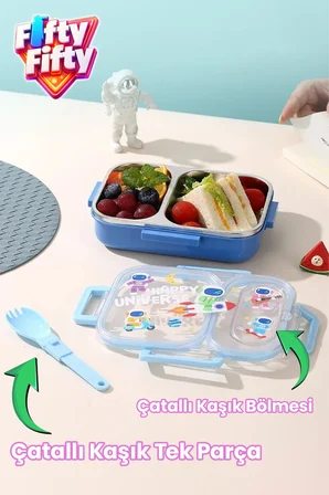 600 ML Sızdırmaz İki Bölme Paslanmaz Çelik Lunch Box Yeni Nesil Sefer Tası Çatallı Kaşık ff7163