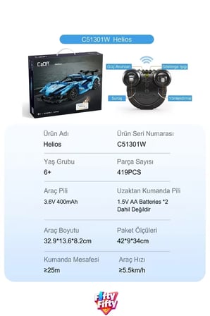 Cada Uzaktan Kumandalı Helios Spor Araba (419 Parça) Oyuncak Yapım Seti Blok Araba FFCADA-C51301W