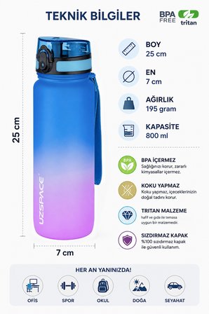 Uzspace 2'li Tritan Matara Seti 800 ml Çift Renk Softtouch FF Collection Tritan Su Matarası