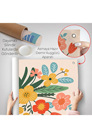 Minimalist Çiçek Mavi Vazoda Renkli Buket Duvar Örtüsü-7664