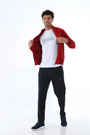 Erkek Iki Iplik Kumaş Slim Fit Dar Paça Bordo Fermuarlı Eşofman Takımı - 7664