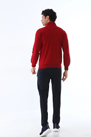 Erkek Iki Iplik Kumaş Slim Fit Dar Paça Bordo Fermuarlı Eşofman Takımı - 7664