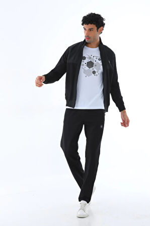 Erkek Iki Iplik Slim Fit Dar Paça Siyah Fermuarlı Eşofman Takımı - 7664