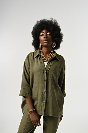 KADIN %100 KETEN TRUVAKAR KOLLU DÜZ RENK TEK CEPLİ GÖMLEK