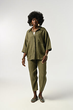 KADIN %100 KETEN TRUVAKAR KOLLU DÜZ RENK TEK CEPLİ GÖMLEK