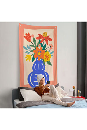 Minimalist Çiçek Mavi Vazoda Renkli Buket Duvar Örtüsü-7666