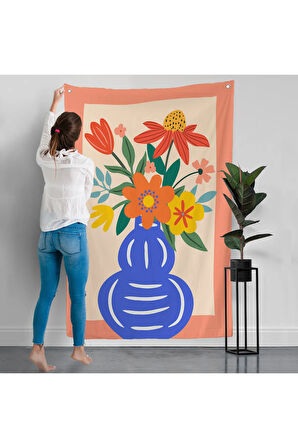 Minimalist Çiçek Mavi Vazoda Renkli Buket Duvar Örtüsü-7666