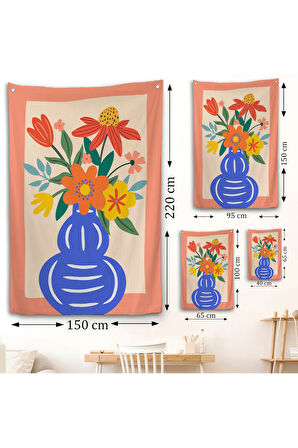 Minimalist Çiçek Mavi Vazoda Renkli Buket Duvar Örtüsü-7666
