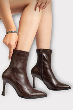 Sivri Burun İnce Topuklu Streç Kadın Bot KAHVERENGİ