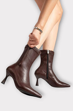 Sivri Burun İnce Topuklu Streç Kadın Bot KAHVERENGİ