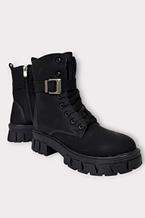 Kalın Taban Fermuarlı Postal Kadın Bot SİYAH - GÜMÜŞ