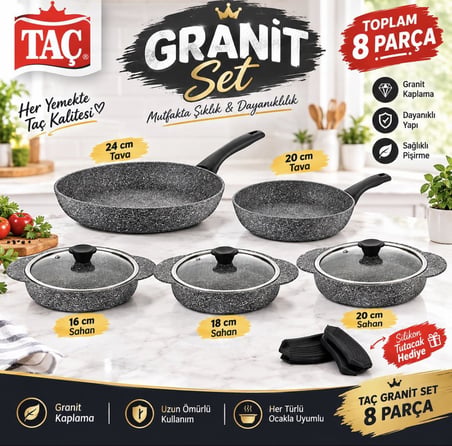 Taç 8 Parça Ultra Granit Sahan ve Tava Seti 20-24 cm tava 16-18-20 cm Kapaklı Sahan Set
