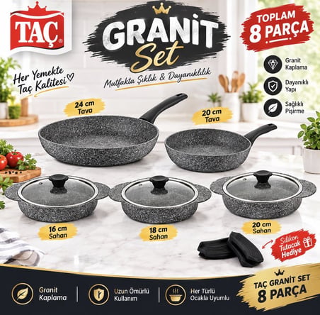 Taç 8 Parça Ultra Granit Sahan ve Tava Seti 20-24 cm tava 16-18-20 cm Kapaklı Sahan Set