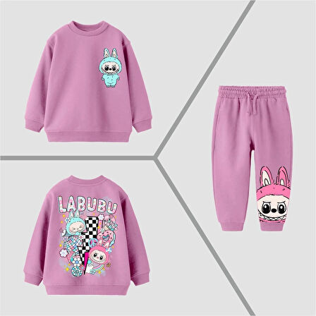 Kız Çocuk Labubu Baskılı 3 İplik Fırçalı Kumaş Alt Üst Eşofman Takımı 