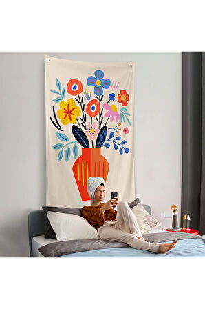 Minimalist Çiçek Mavi Vazoda Renkli Buket Duvar Örtüsü-7668