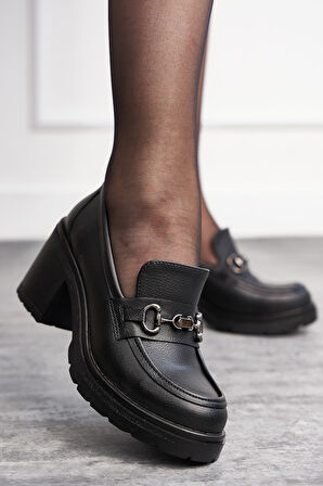 Günlük Kadın Loafer Tokalı Klasik Kalın Topuklu Tırtıklı Tabanlı Oval Burunlu Makosen Ayakkabı 76706