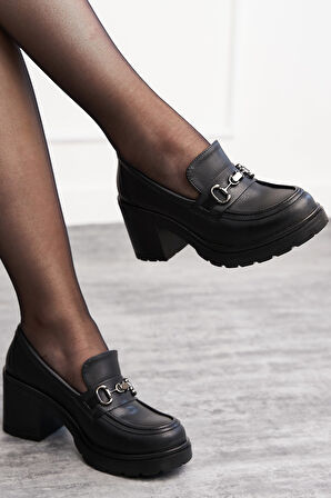 Günlük Kadın Loafer Tokalı Klasik Kalın Topuklu Tırtıklı Tabanlı Oval Burunlu Makosen Ayakkabı 76706