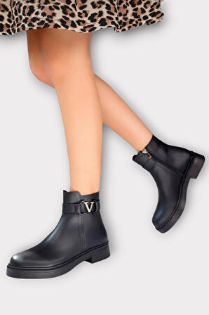 Kısa Topuklu Fermuarlı Kadın Bot SİYAH - ALTIN