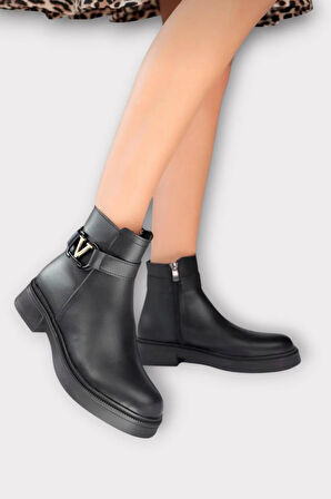 Kısa Topuklu Fermuarlı Kadın Bot SİYAH - ALTIN