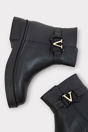 Kısa Topuklu Fermuarlı Kadın Bot SİYAH - ALTIN