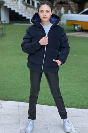 Kız Çocuk Kapüşonlu Cepli Su Geçirmez Nova Kumaş Kışlık Mont KM4011