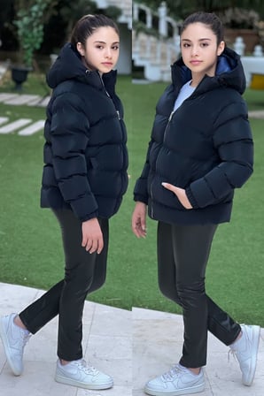 Kız Çocuk Kapüşonlu Cepli Su Geçirmez Nova Kumaş Kışlık Mont KM4011