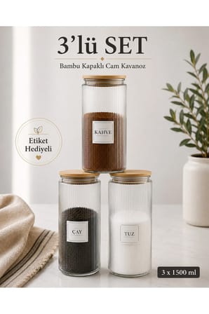 3'lü Ahşap Kapaklı Etiketli Çay Şeker Kahve Cam Kavanoz Saklama Kabı 1300 Ml