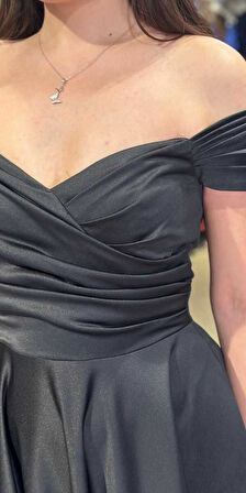 Siyah Kloş Etekli Saten Midi Abiye Elbise 7672