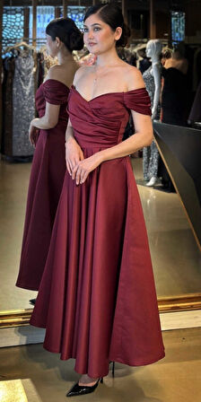 Vişne Madonna Yaka Kloş Etekli Saten Midi Abiye Elbise 7672