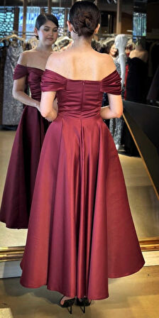 Vişne Madonna Yaka Kloş Etekli Saten Midi Abiye Elbise 7672