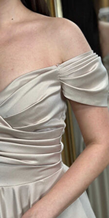 Bej Madonna Yaka Kloş Etekli Saten Midi Abiye Elbise 7672