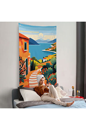 Pastel Minimalist Deniz Manzarası Duvar Örtüsü-7672