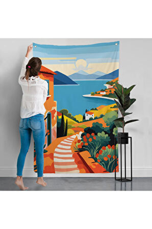 Pastel Minimalist Deniz Manzarası Duvar Örtüsü-7672